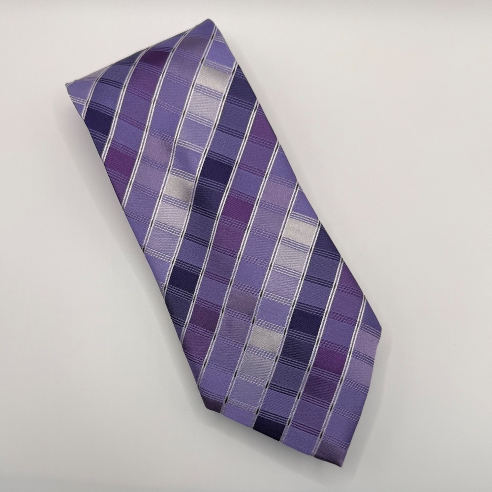 Kenneth Cole Reaction Silk Tie OS Purple Plaid Striped Geometric Business Modern